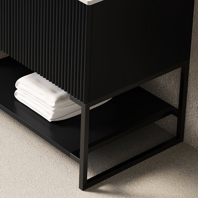 Meuble-lavabo autoportant avec lavabo vasque noir et pierre blanche