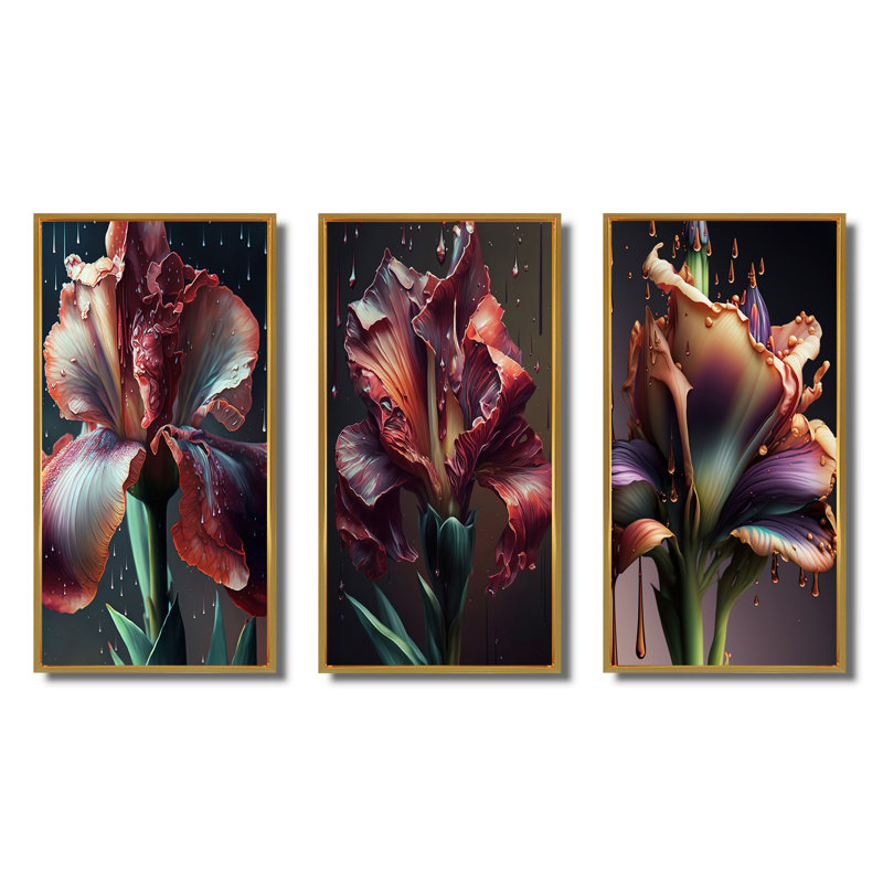 «Red Gladiolus Flowers», 3 pièces sur toile, H 20 po x l 36 po, Cadre flottant doré