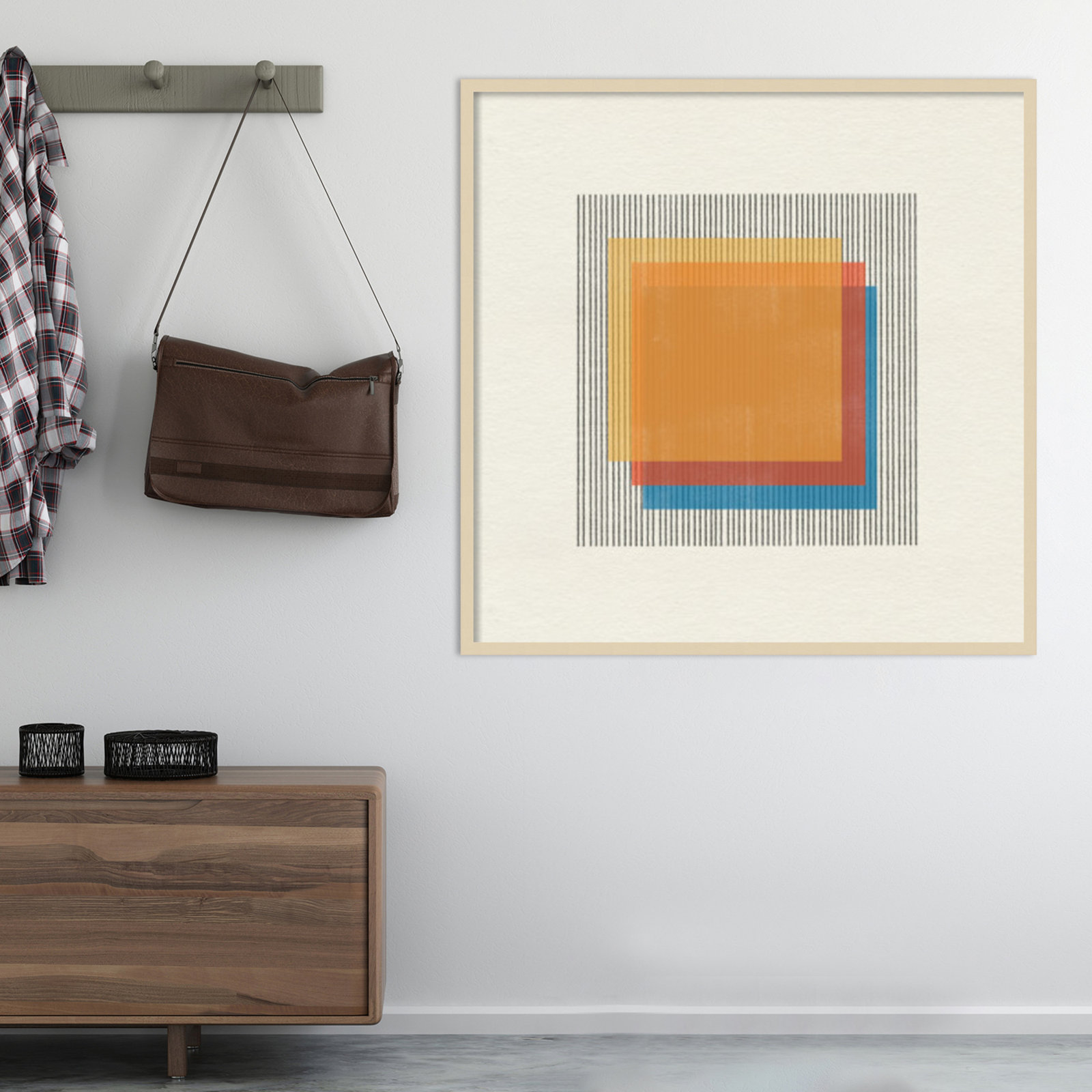 Midcentury Modern Squares No 1 Print, 41" H x 41" W x 1" D, Brown Framed