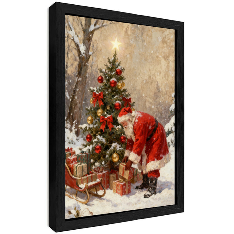 Père Noël noir encadré noir décorant un arbre de Noël, impressions murales de style rétro, H 17 po x l 13 po