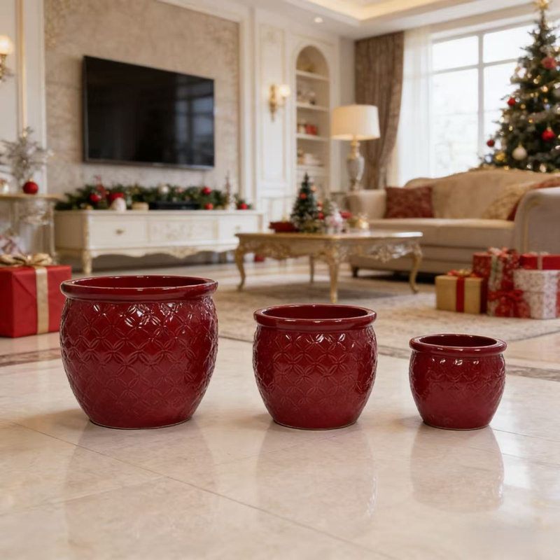 Handmade Embossed Ceramic Planter Set (Set of 3)