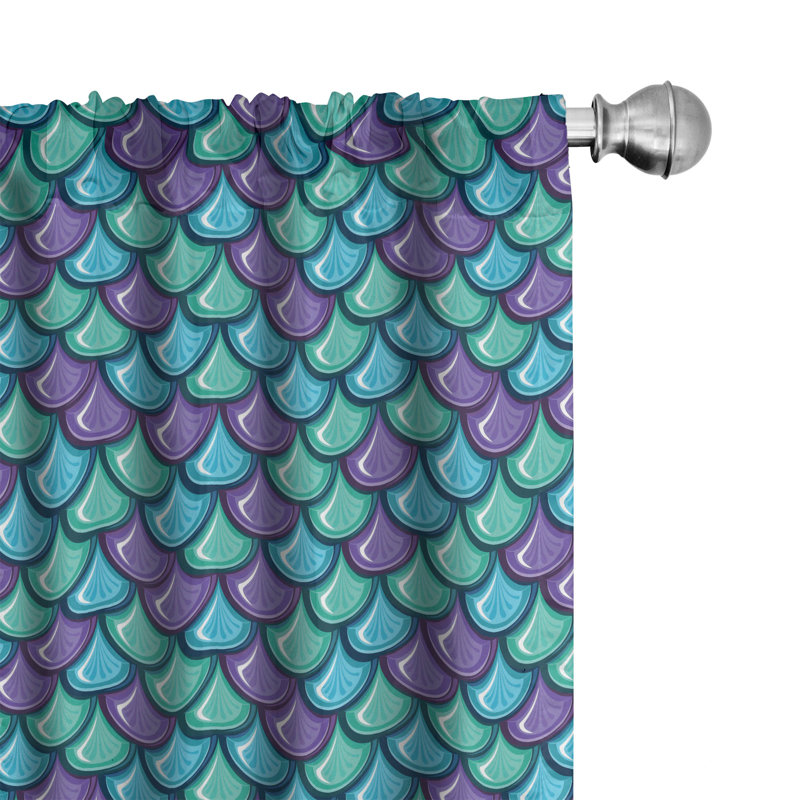 Fish Window Curtains, Marine Animal Skin Dragon Scale Pattern Ornate Aquatic Themed Marine, Lightweight Decorative Panels Set of2 with Rod Pocket, Blue Violet Sea Green Semi-Sheer Rod Pocket Curtain Panels