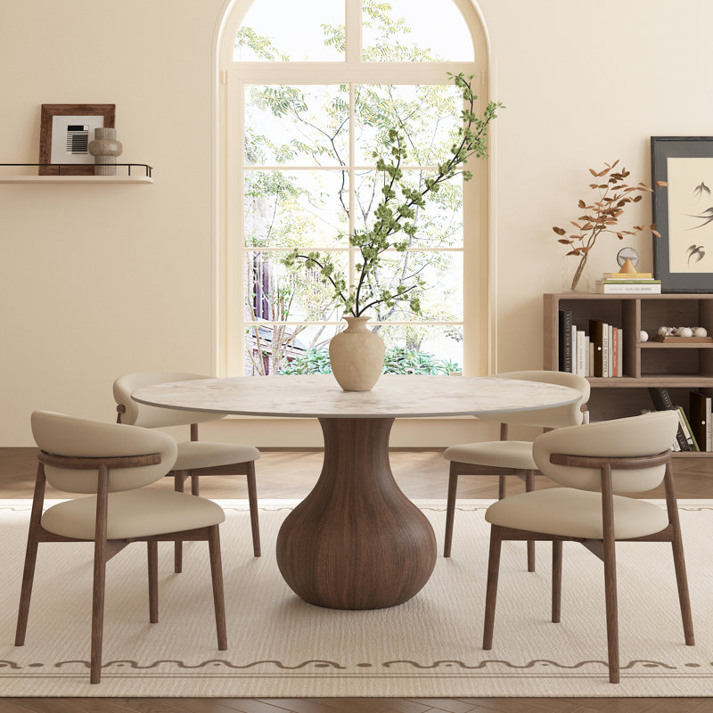5Pcs Dining Room Set Dining Table And 4 Seats - Sintered Stone Round Dining Set, 29.52" H x 47.24" L x 47.24" W, Amber