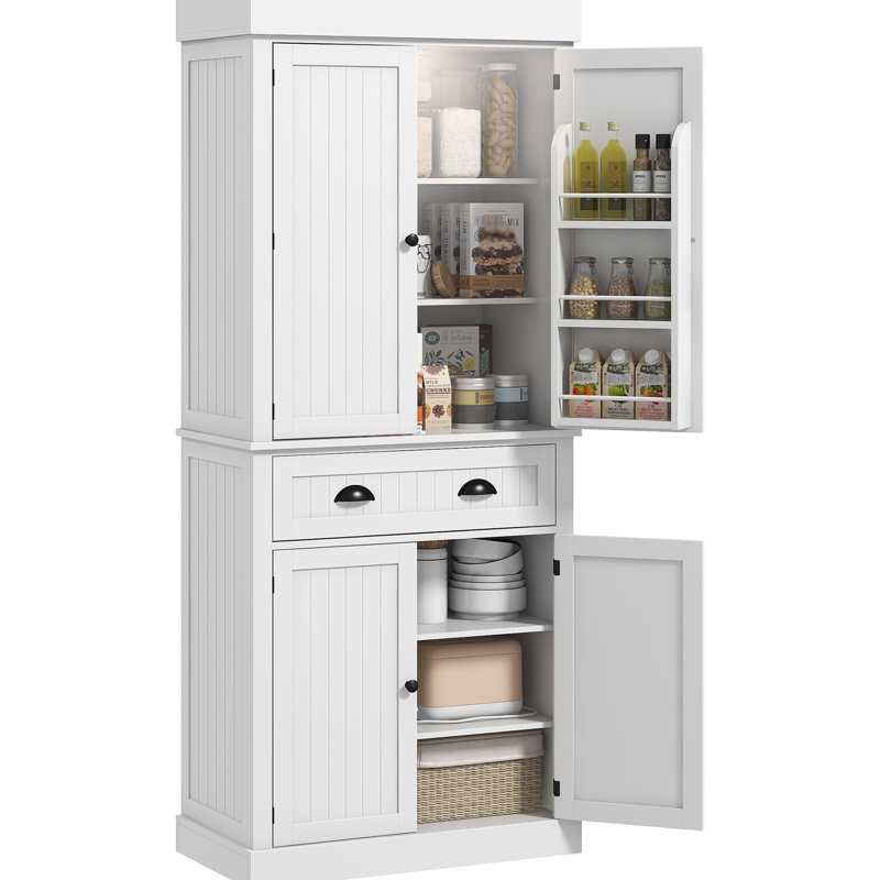 71" Kitchen Storage Cabinet With Motion Sensor - 6 Door Shelves, Drawer, 4 Adjustable Shelves White Shade Pantry Drawer & For Radiant Living, Dining Room Setups