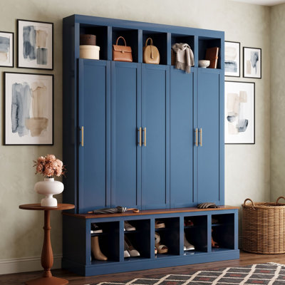 Wood Entryway Hall Tree with Anti-Tip Kit, 3 Closed Hanging Cabinets, Open Compartments and Hooks