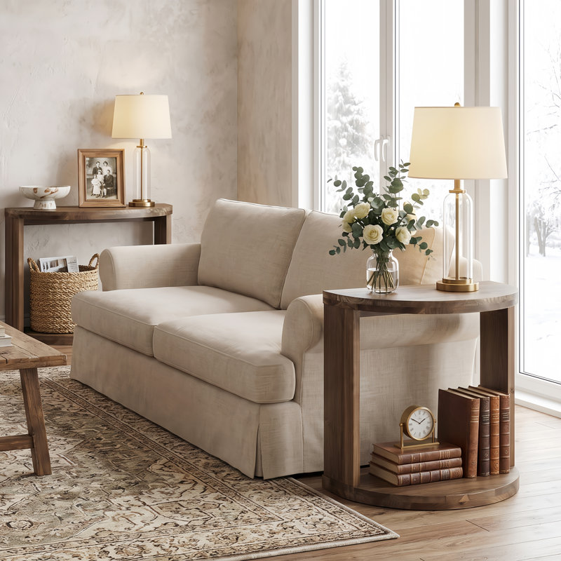 Table d'appoint en bois massif 23,6 po, table de bout en demi-lune avec tablette inférieure ouverte, table d'appoint étroite pour le salon et les petits espaces