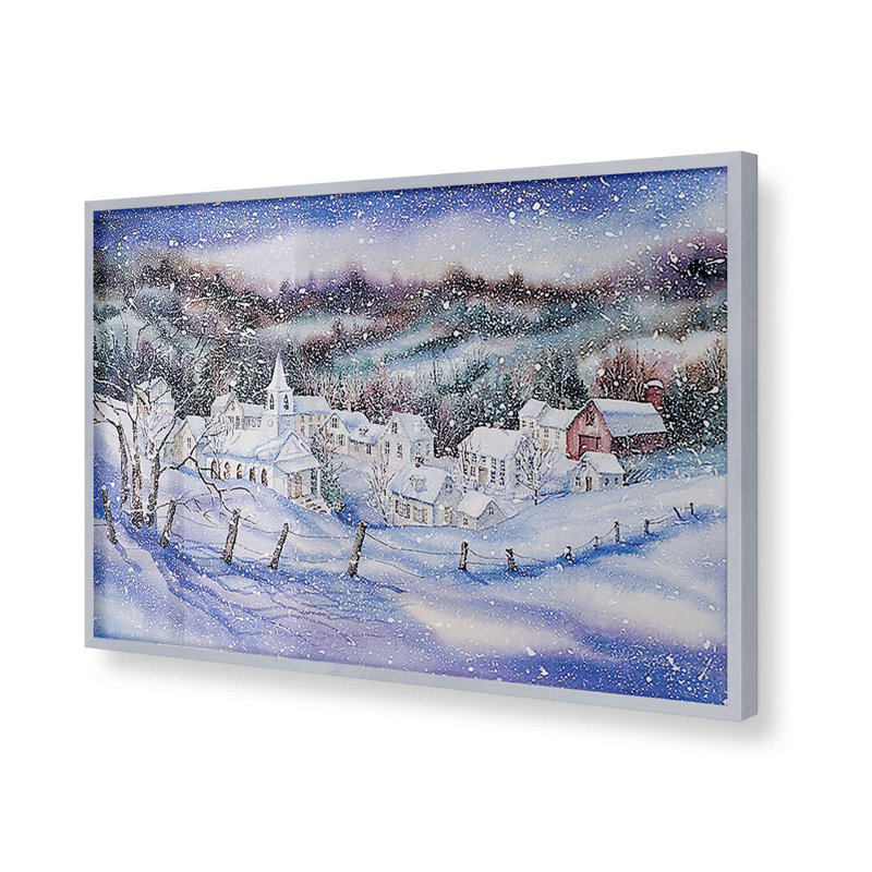 Imprimé crépuscule du village enneigé, Cadre en chrome poli, H 25,25 po x l 37,25 po