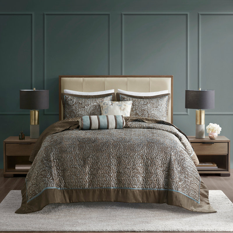 Ensemble de couvre-lit 5 pièces luxueux en jacquard avec coussins décoratifs, Bleu/brun