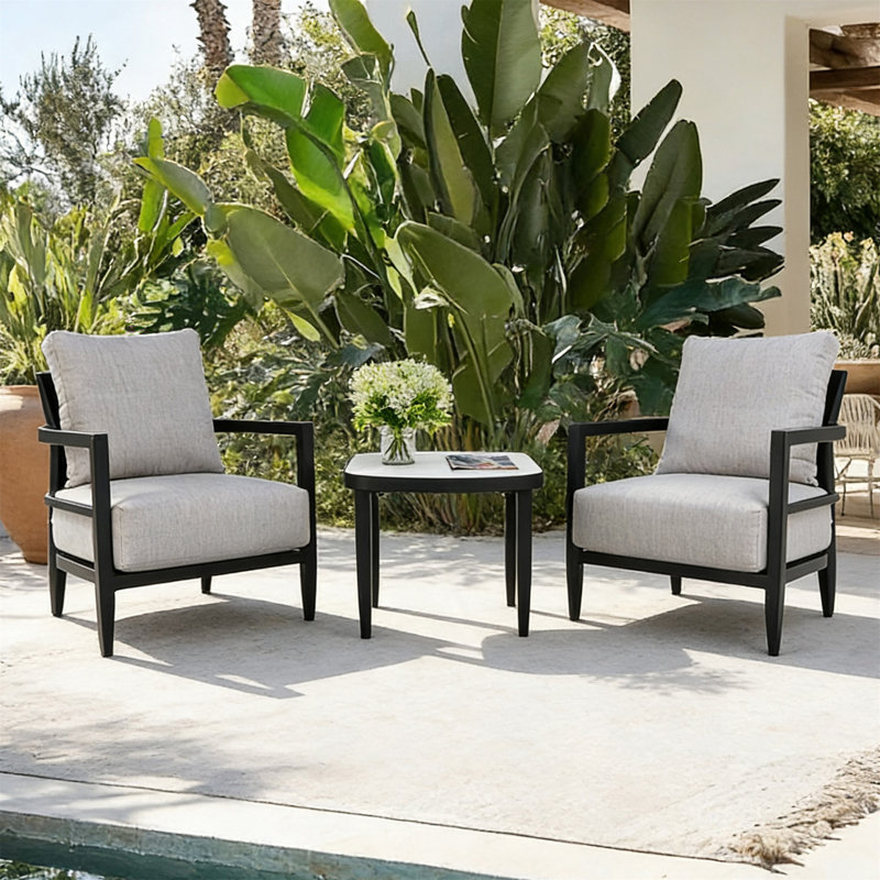Ensemble de mobilier d'extérieur en aluminium 3 pièces, fauteuils club soudés modernes avec coussins Sunbrella et table d'appoint élégante