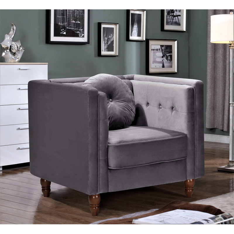 Fauteuil en velours touffeté de 35 po de large Everhart, gris