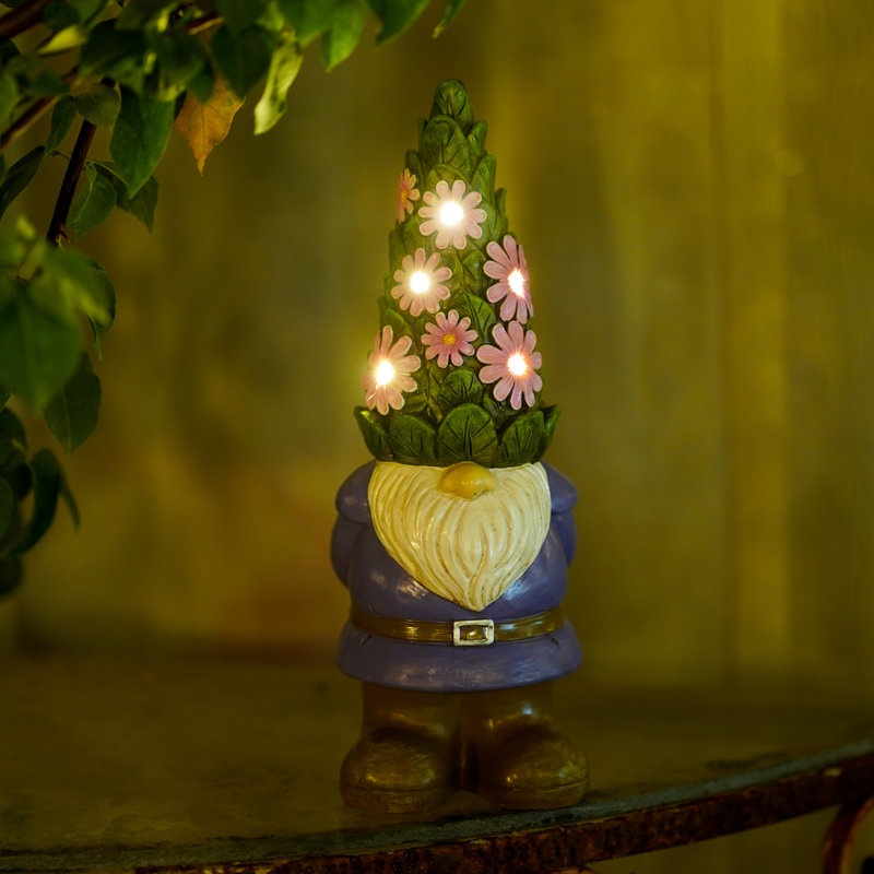 Gnome avec des fleurs brillantes et 5 lumières DEL pour la pendaison de crémaillère et la fête des Mères