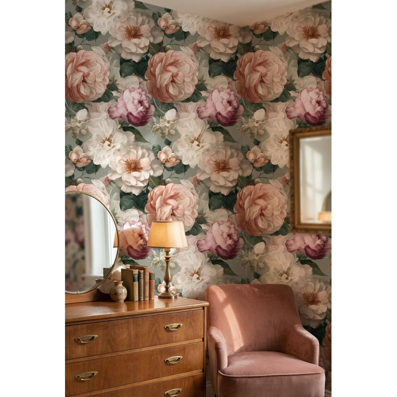 Papier peint floral, adhésif mural rétro rose