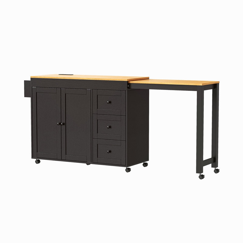 74.8" Kitchen Island With Extendable Dining Table, Kitchen Storage Cart With 3 Drawers, Power Outlet, Rolling Kitchen Island On Wheels With Spice Rack And 2 Door Cabinet, For Kitchen