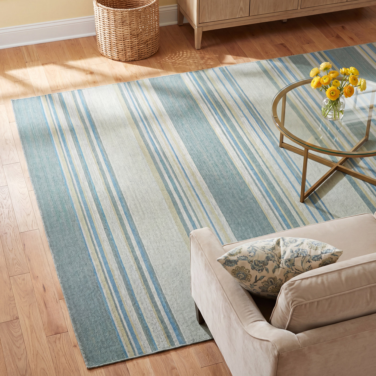 Creekmont Blue Hand-Woven Striped Wool Rug, Rectangle 4' x 6'