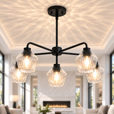 5 - Light Clear Vertical Striped Glass Dimmable Chandelier