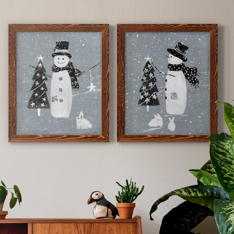 «Snowman Galvanized I», ensemble de 2 reproductions, Pas de tapis, Toile avec cadre érable, H 20 po x l 17 po x P 1 po