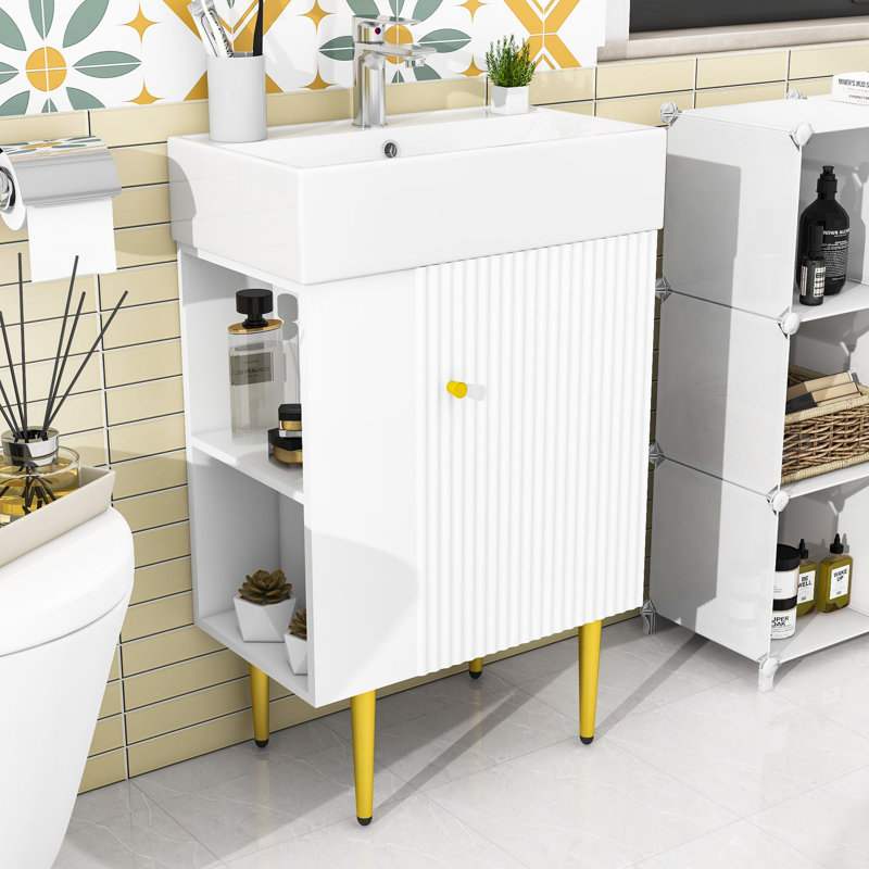 Ensemble de meuble-lavabo de salle de bain avec lavabo en céramique, rangement à gauche et pieds dorés, Blanc