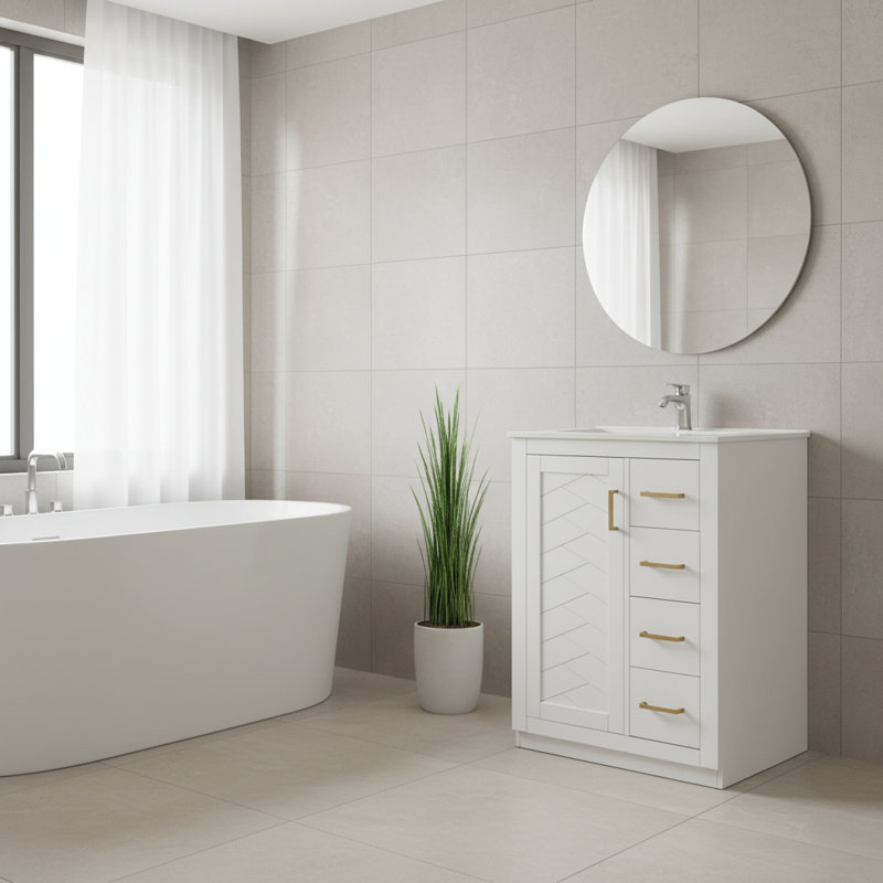 Meuble-lavabo 24 po blanc moderne avec lavabo en céramique intégré, porte à fermeture en douceur et 3 tiroirs pour les petites toilettes | Idée cadeau