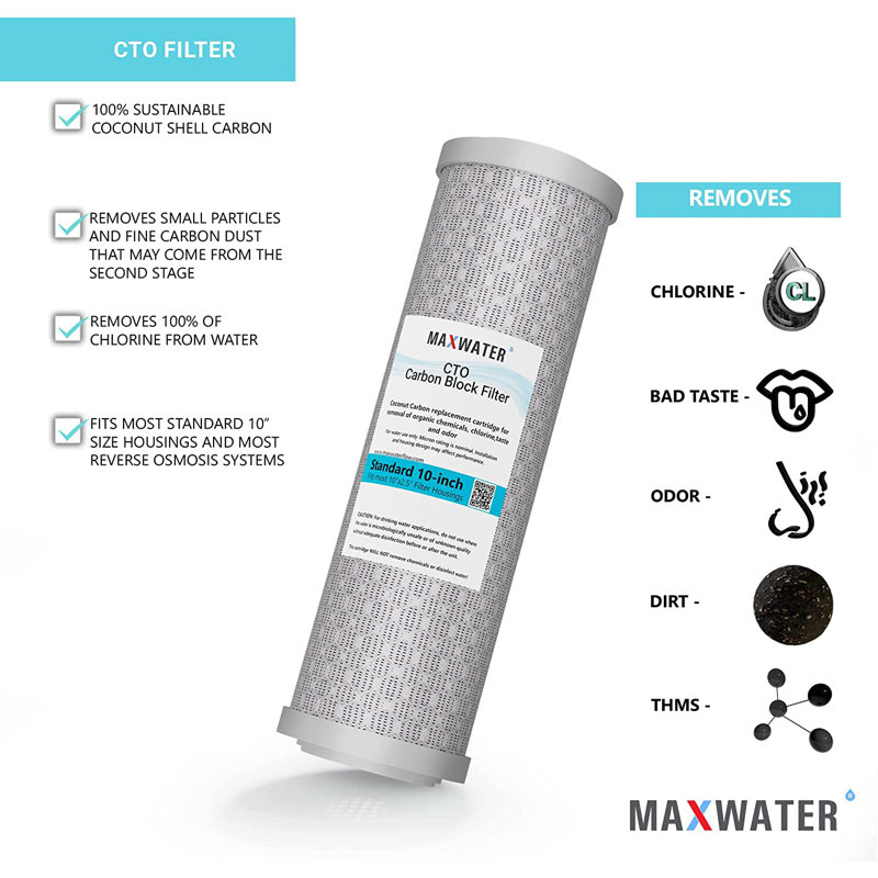 Cartouche de remplacement pour filtre à osmose inversée 5 microns Max Water 10 pouces x 2,5 pouces CTO Max