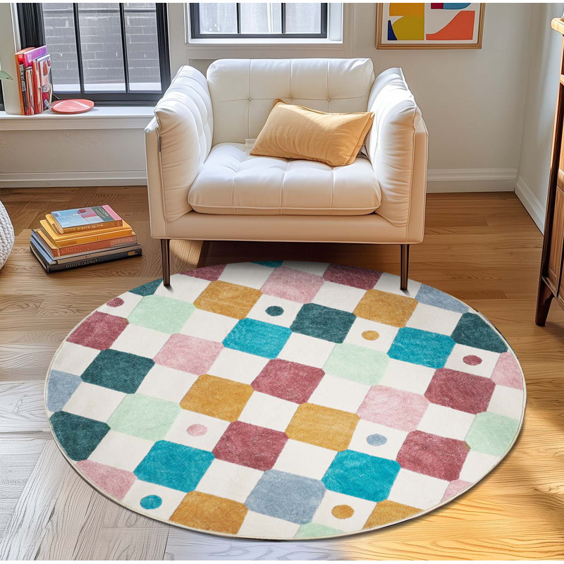 Colorful Diamond for Kids Washable Non-slip Rug, Argyle Confetti, Round 6'