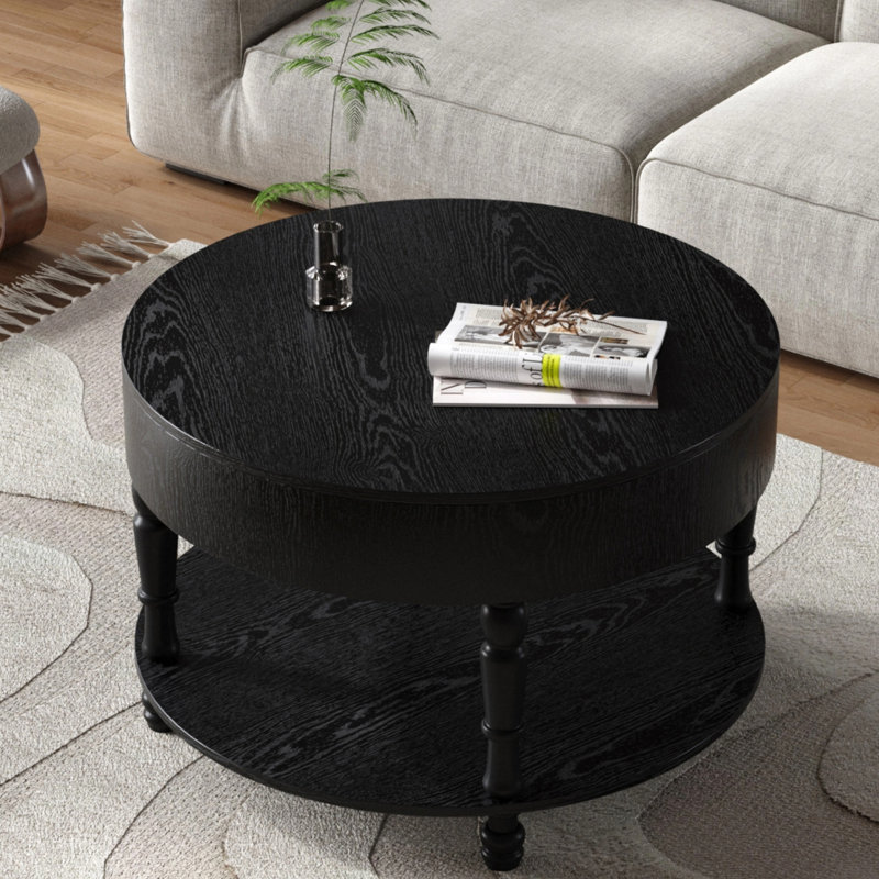 Table basse ronde moderne avec compartiment caché, tablette ouverte et pieds réglables, Noir