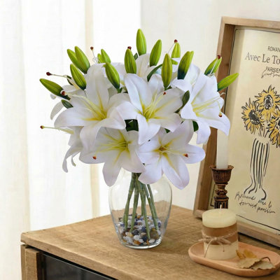 Fleurs artificielles de lilas blanches réalistes dans un vase - arrangement de l'eau artificielle Real Touch, lys de soie élégants pour la décoration de bureau à domicile, anniversaire, anniversaire, occasions spéciales, hauteur de 40 cm, blanc