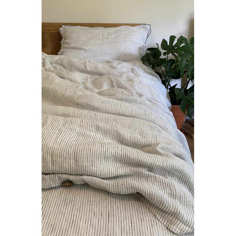100% Linen Striped Duvet Cover Set with Pillowcases, Ivory/Grey, Kingsize