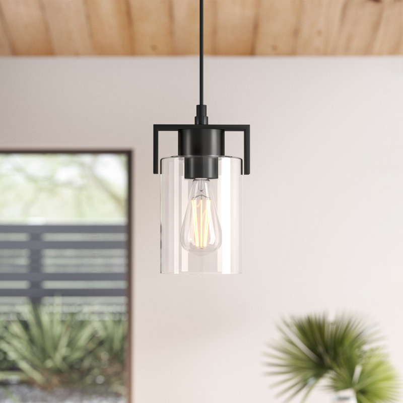 Luminaire suspendu cylindrique moderne à 1 lumière avec abat-jour en verre transparent Hicklin, Noir mat