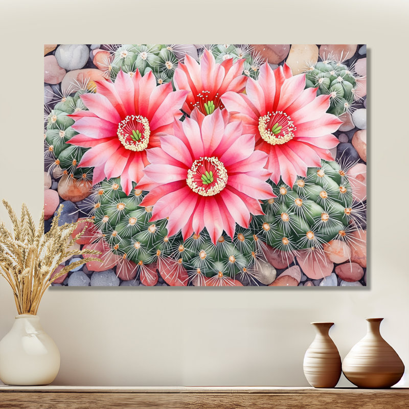 Fleurs de cactus Pincushion I - décor floral en métal, impression métallique de cactus floral, H 16 po x l 32 po