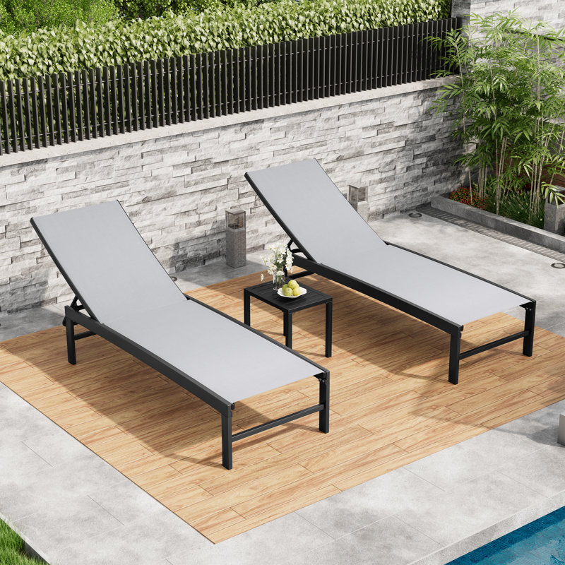 Patio Metal Reclining Chaise Lounge Set With Aluminum Side Table, Light Gray