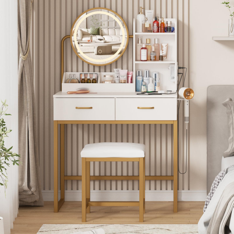 Ensemble de coiffeuse avec miroir, station de charge et support pour sèche-cheveux, Blanc / Doré