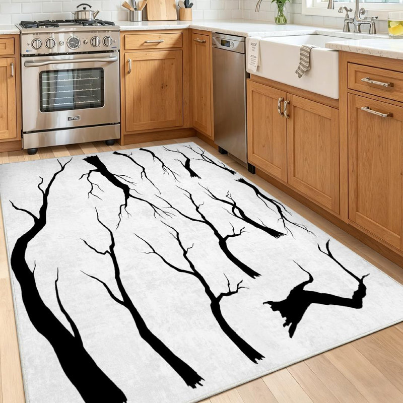 Orange Branches Branch Abstract Art Autumn Black Decoration Machine Washable Indoor Area Rug, Rectangle 55" x 79"