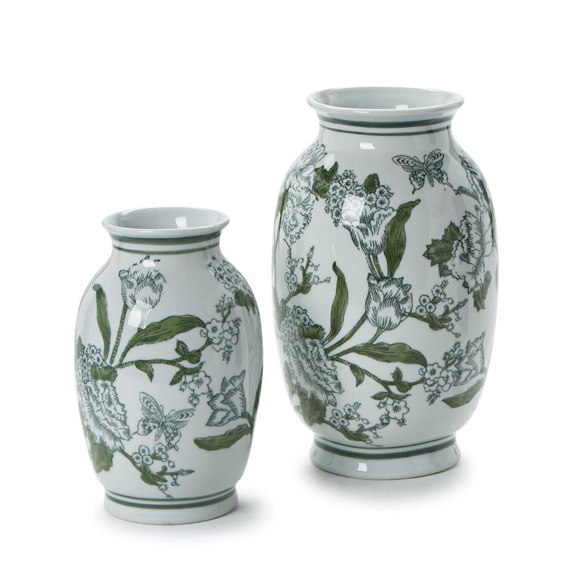 Primevère et lotus, ensemble de 2 vases en porcelaine verte et blanche peints à la main H 14 po