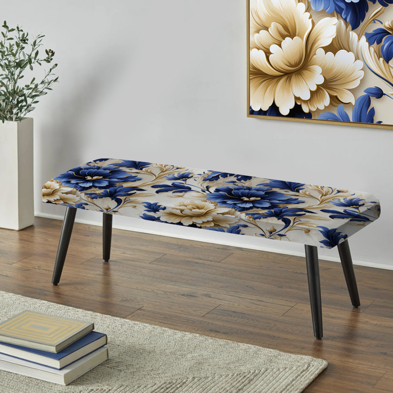 Banc victorien bleu cobalt avec motif floral baroque