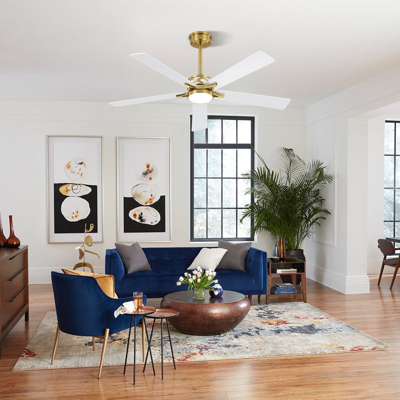 Portico 5 Blades Indoor Ceiling Fan with Light Kit and Remote, White, 72", Gold