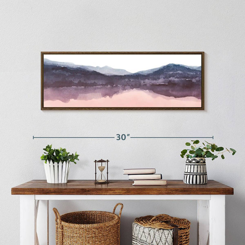 Aquarelle paysage IV rosé indigo III, 28 po x 10 po, Cadre flottant noyer