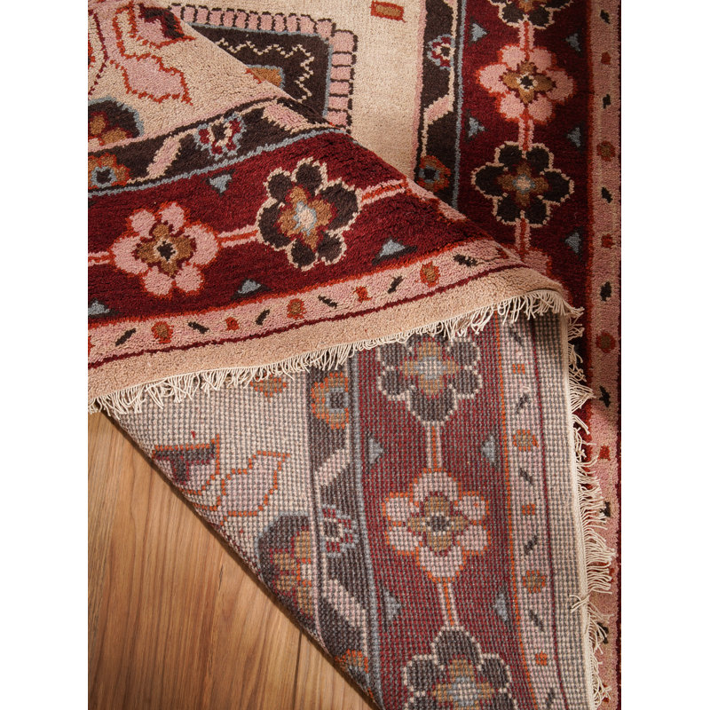 Tapis d'intérieur rectangulaire oriental en soie et laine crème et rouge, noué à la main, fait main