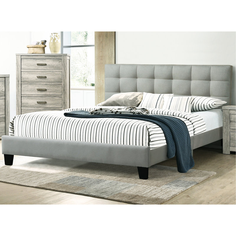 Lit de chambre à coucher de style moderne: tête de lit tapissier gris et lit double en polyfibre, Gris clair, Lit double