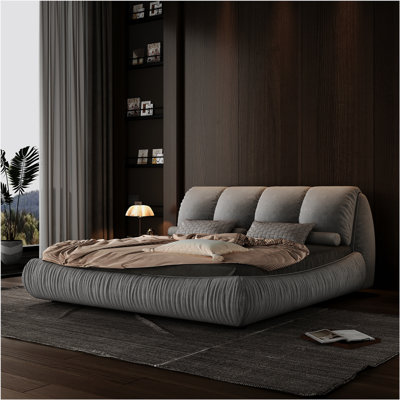 King Size Luxury Upholstered Platform Bed with Oversized Padded Backrest and Solid Wood Frame by Hokku Designs