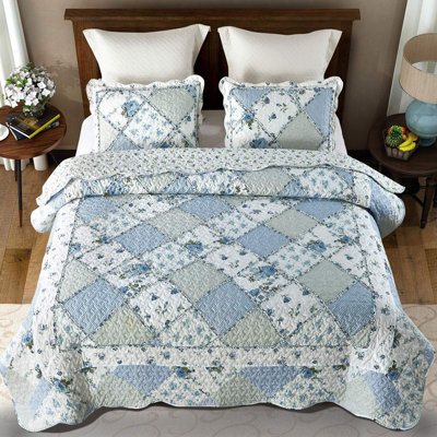 Ensemble de courtepointe à motif floral bleu grand lit, ensemble de literie 3 pièces avec 2 taies d'oreiller