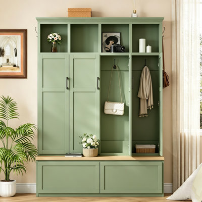 Farmhouse 3-In-1 Entryway Hall Tree, Large Mudroom Organizer With 4 Hidden Cabinets And Wood Top Bench