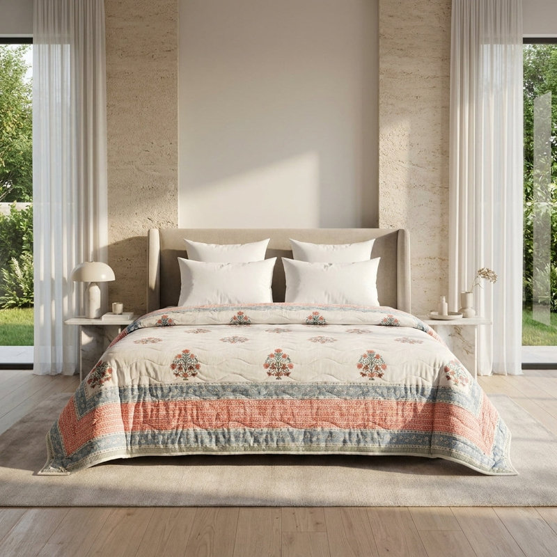 House of Avana Cream & Rose Pink Botanical Floral Jaipur Indian Hand Block Print Quilted Comforter, Queen
