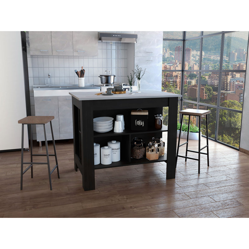 Kitchen Island, kitchen table 35" H, Four Legs, Three Open Storage Shelves, Black / Ibiza Marble, Black, Ibiza Marble