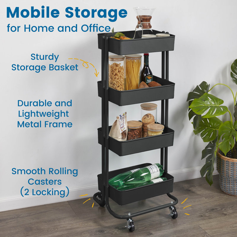 Black 4-Tier Metal Rolling Utility Cart with Mesh Baskets