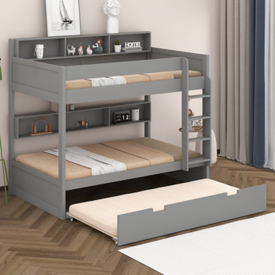Bunk Bed With Storage & Trundle, Space-Saving Wooden Bunk Bed Frame With Bedside Shelves