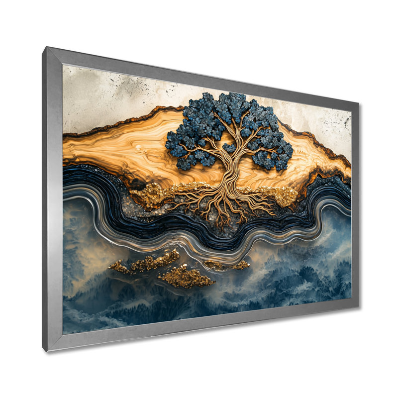Aqua infini doré, arbre de vie III - arbre de vie, art mural, Argent argent, H 24 po x l 32 po, Floater Framed