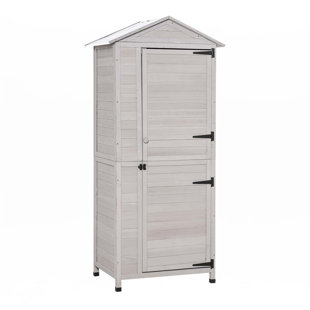Armoire de rangement en bois Outsunny de 36 po x 25 po x 79 po, organisateur de remise à outils d'extérieur à 4 niveaux, 3 tablettes avec poignée et patin à loquet magnétique, gris clair
