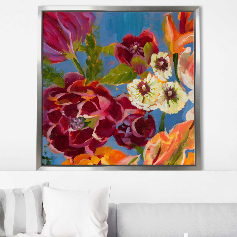 «Spring Bouquet I», peinture sur toile à cadre flottant, H 31,5 po x l 31,5 po x P 2 po, Cadre flottant argent