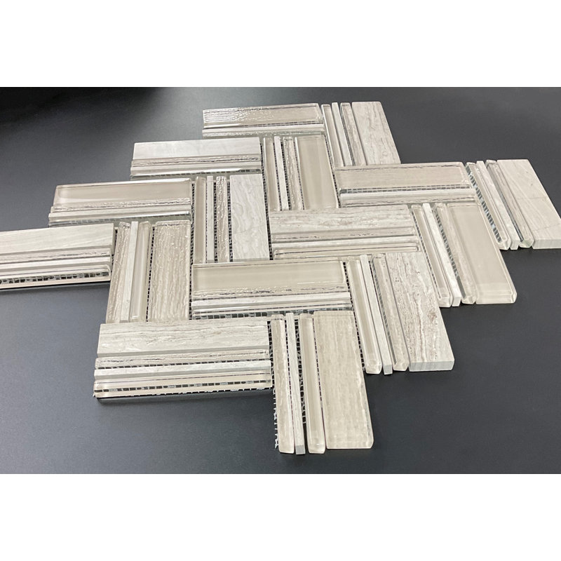 Glass Herringbone / Chevron Mosaic Tile, Linen Marble and Glass