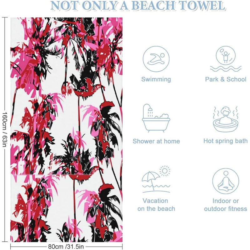 Tropical Palm Trees Sand Free Beach Towel 70"x35", Quick Dry Lightweight Absorbent Travel Towels for Adults Gym Camping Swim Pool